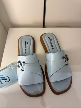 Women’s Powder Blue Slide Mules with Buckle Accent